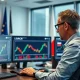 Financial analyst monitors EUR/CZK forex charts on multiple screens in a modern office