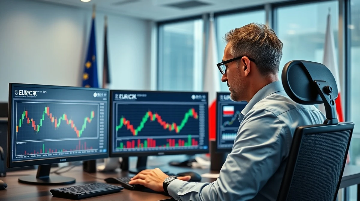 Financial analyst monitors EUR/CZK forex charts on multiple screens in a modern office