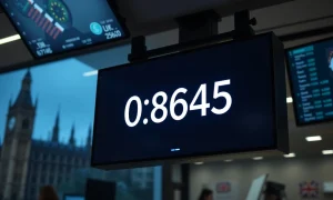 EUR/GBP exchange rate displayed on a trading screen at 0.8645, with UK Parliament in background