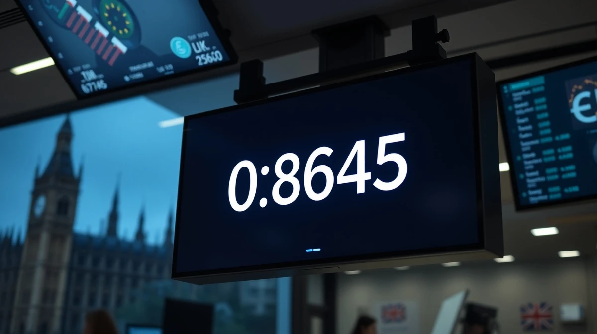 EUR/GBP exchange rate displayed on a trading screen at 0.8645, with UK Parliament in background