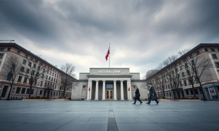 National Bank of Poland building in Warsaw on a cloudy day, representing central bank policy and zloty exchange rate stability.