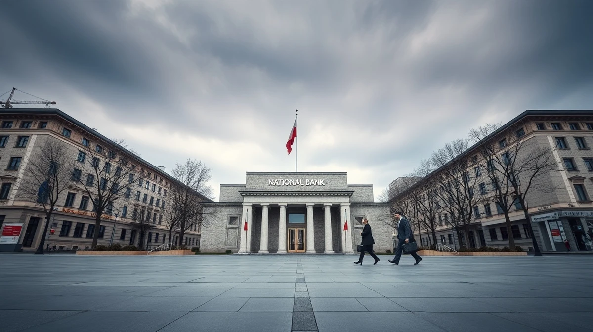 National Bank of Poland building in Warsaw on a cloudy day, representing central bank policy and zloty exchange rate stability.