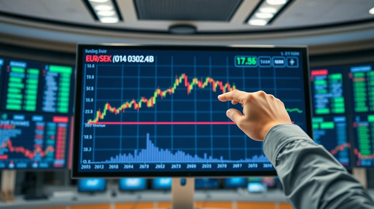 Analyst pointing at EUR/SEK chart showing rebound testing moving average resistance
