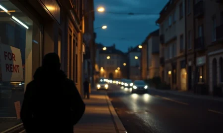 Dimly lit European city street at dusk with closed shops and few lit windows, conveying economic uncertainty