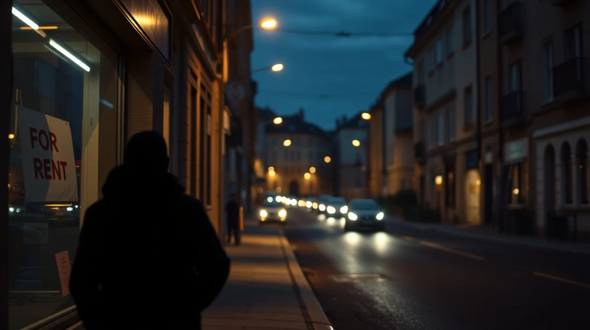 Dimly lit European city street at dusk with closed shops and few lit windows, conveying economic uncertainty