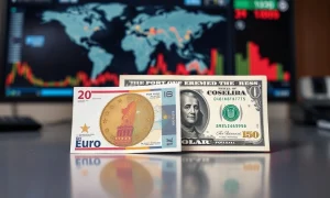 Euro and US dollar banknotes on a desk with a financial news screen in the background