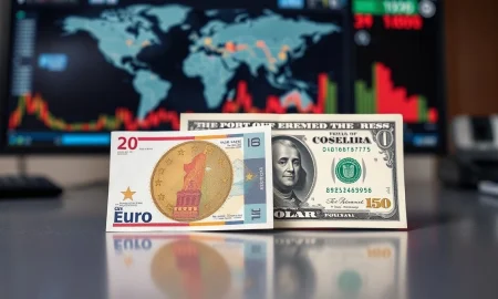 Euro and US dollar banknotes on a desk with a financial news screen in the background