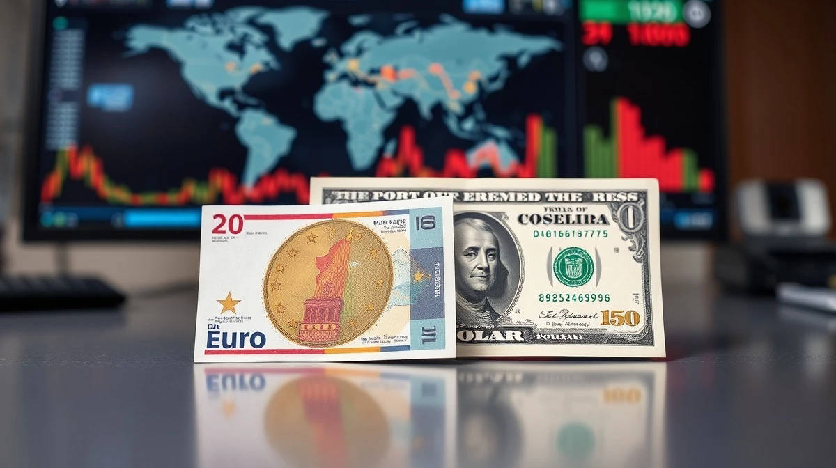 Euro and US dollar banknotes on a desk with a financial news screen in the background