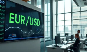 Currency exchange board showing EUR/USD rate increase with Strait of Hormuz map in background