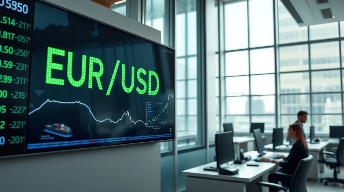 Currency exchange board showing EUR/USD rate increase with Strait of Hormuz map in background