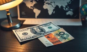 Euro and US dollar banknotes on a desk with a world map background, representing currency market reaction to geopolitical news.