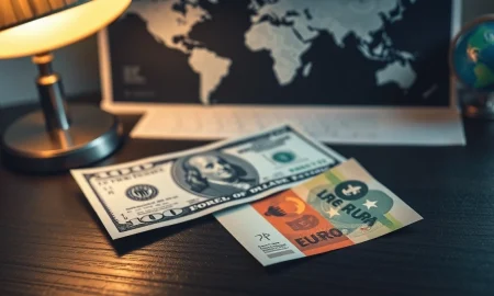 Euro and US dollar banknotes on a desk with a world map background, representing currency market reaction to geopolitical news.