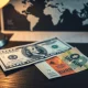 Euro and US dollar banknotes on a desk with a world map background, representing currency market reaction to geopolitical news.
