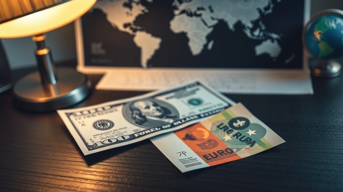 Euro and US dollar banknotes on a desk with a world map background, representing currency market reaction to geopolitical news.