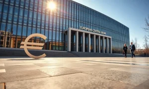 European Central Bank headquarters in Frankfurt with a rising euro symbol reflection on the plaza, representing currency strength amid geopolitical developments.