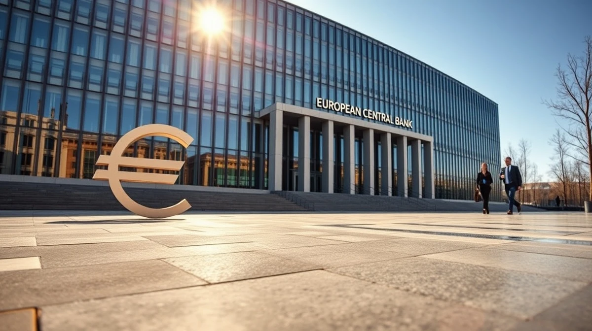 European Central Bank headquarters in Frankfurt with a rising euro symbol reflection on the plaza, representing currency strength amid geopolitical developments.