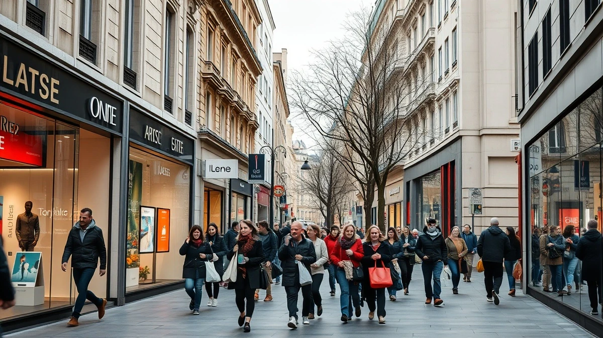 Shoppers on a retail street in a Eurozone city with storefronts and subdued foot traffic