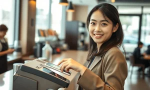 Woman using smartphone for contactless payment at a Seoul coffee shop, representing the rise of face recognition payments in South Korea.