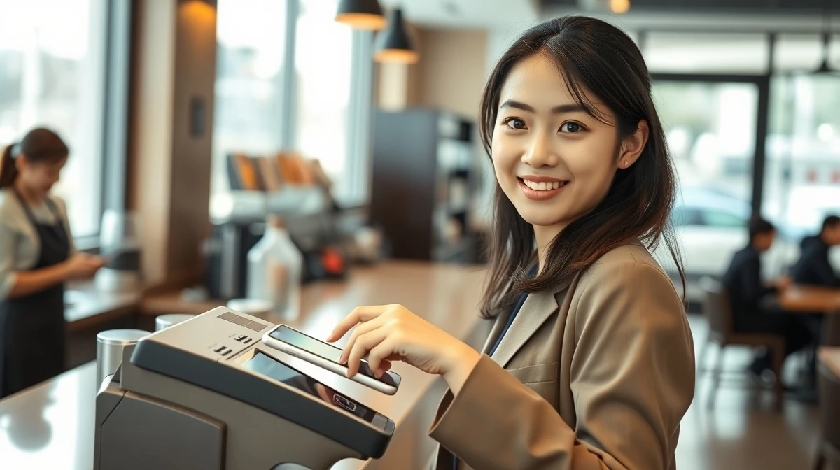 Woman using smartphone for contactless payment at a Seoul coffee shop, representing the rise of face recognition payments in South Korea.