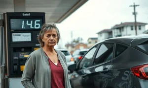 Concerned woman at gas pump with high fuel prices in a low-income neighborhood