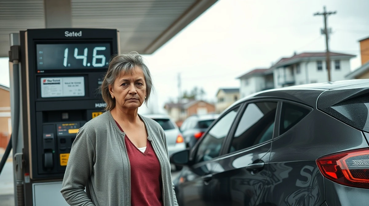 Concerned woman at gas pump with high fuel prices in a low-income neighborhood