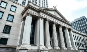 Federal Reserve Bank of New York building exterior on a cloudy day in Manhattan