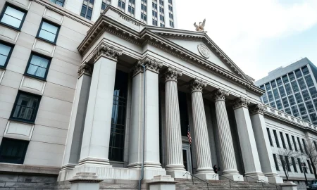 Federal Reserve Bank of New York building exterior on a cloudy day in Manhattan