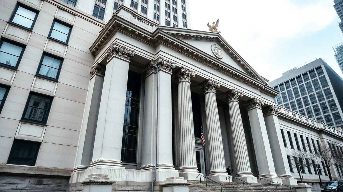 Federal Reserve Bank of New York building exterior on a cloudy day in Manhattan