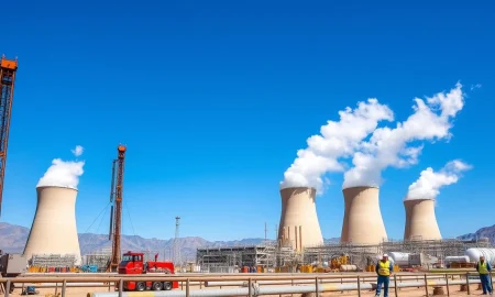 Fervo Energy's Cape Station geothermal power plant in Utah, with steam and drilling rigs visible.