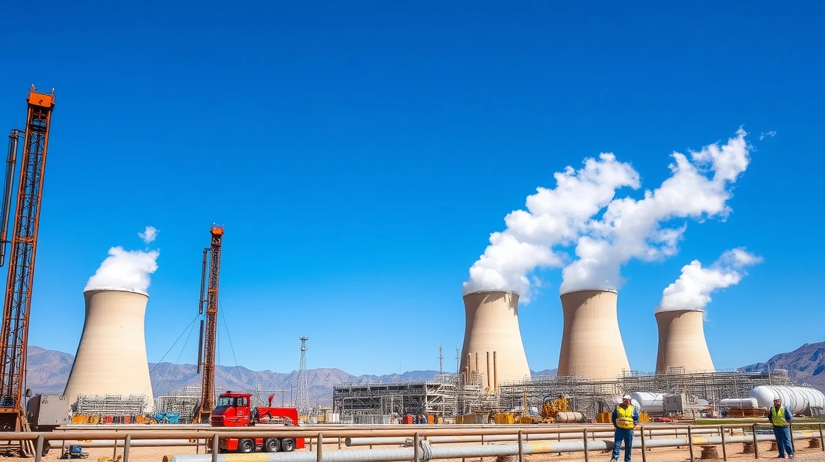 Fervo Energy's Cape Station geothermal power plant in Utah, with steam and drilling rigs visible.