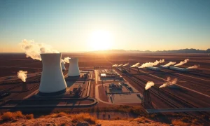 Fervo Energy geothermal power plant facility at sunrise in Utah desert