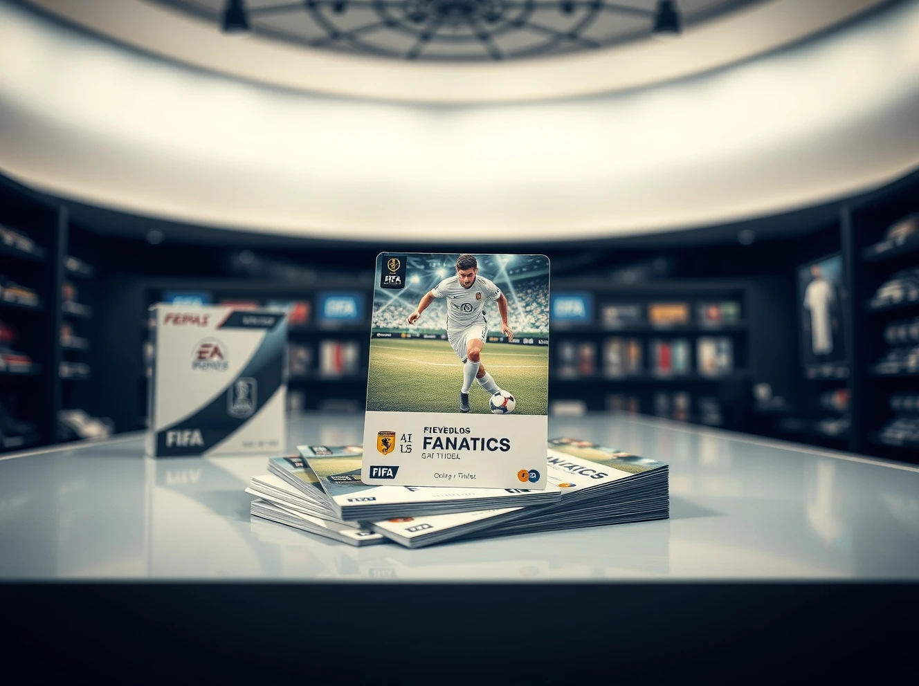 FIFA and Fanatics official trading cards and collectibles displayed on a table