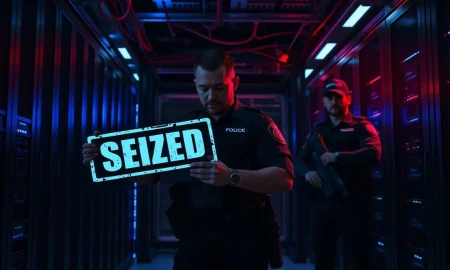 Law enforcement officers in a server room during a cybercrime takedown operation