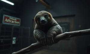 A sloth in a dim indoor enclosure at a planned Orlando attraction, highlighting animal welfare concerns.