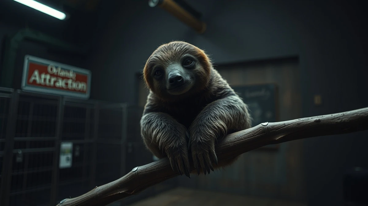 A sloth in a dim indoor enclosure at a planned Orlando attraction, highlighting animal welfare concerns.