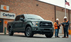 Ford F-150 truck with workers and small business owner outside a Carhartt-branded industrial building