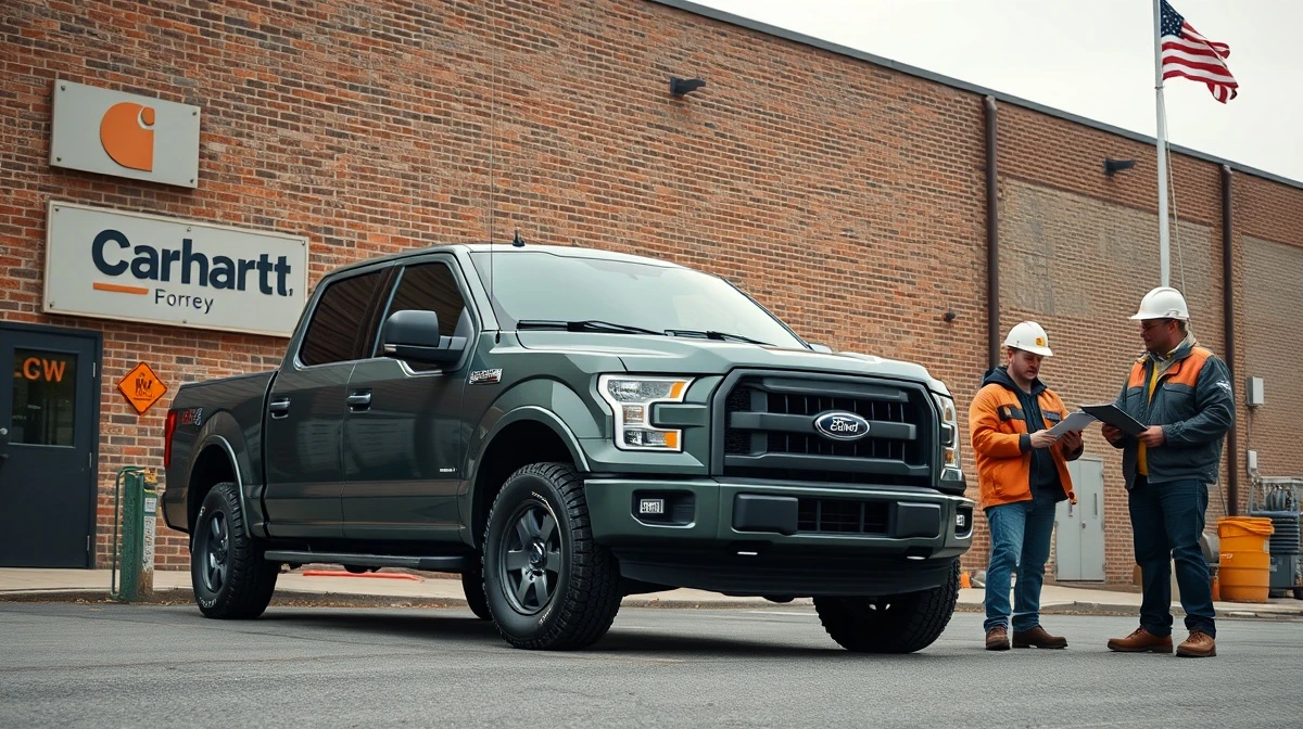 Ford F-150 truck with workers and small business owner outside a Carhartt-branded industrial building