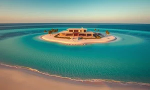 Aerial view of a modern luxury island home with beach and ocean during golden hour