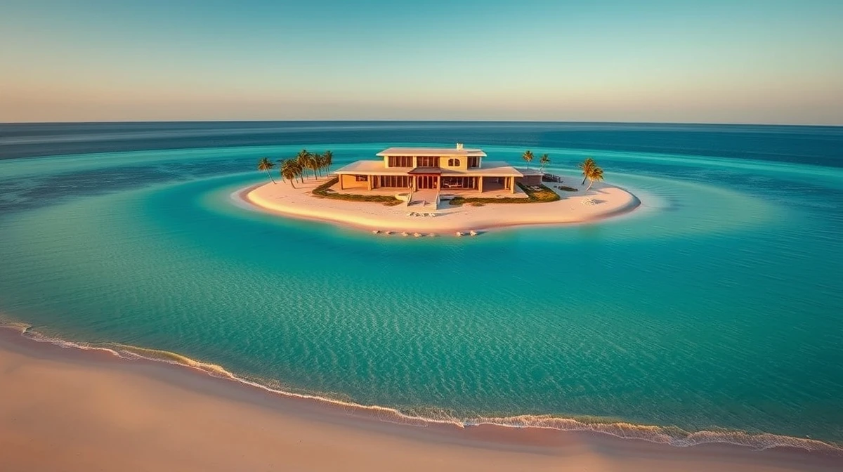 Aerial view of a modern luxury island home with beach and ocean during golden hour