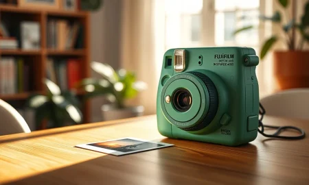 Fujifilm Instax Wide 400 camera in green with a printed instant photo on a wooden table