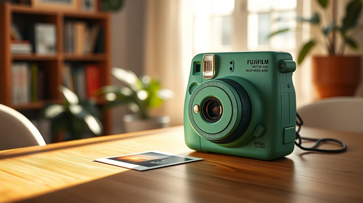 Fujifilm Instax Wide 400 camera in green with a printed instant photo on a wooden table