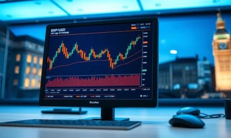 Bloomberg terminal showing GBP/USD chart and gilt yield data with Bank of England in background