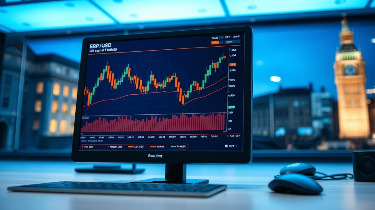 Bloomberg terminal showing GBP/USD chart and gilt yield data with Bank of England in background