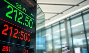 GBP/JPY exchange rate displayed at 212.50 on a financial board in a modern trading floor.