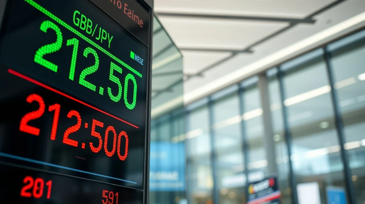 GBP/JPY exchange rate displayed at 212.50 on a financial board in a modern trading floor.