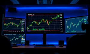 GBP/USD candlestick chart showing upward momentum approaching 1.3700 level on a trading monitor