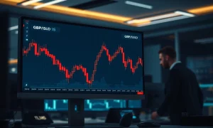 Professional trading screen showing a declining GBP/USD candlestick chart in a dimly lit trading floor environment.