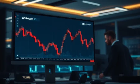 Professional trading screen showing a declining GBP/USD candlestick chart in a dimly lit trading floor environment.