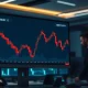 Professional trading screen showing a declining GBP/USD candlestick chart in a dimly lit trading floor environment.