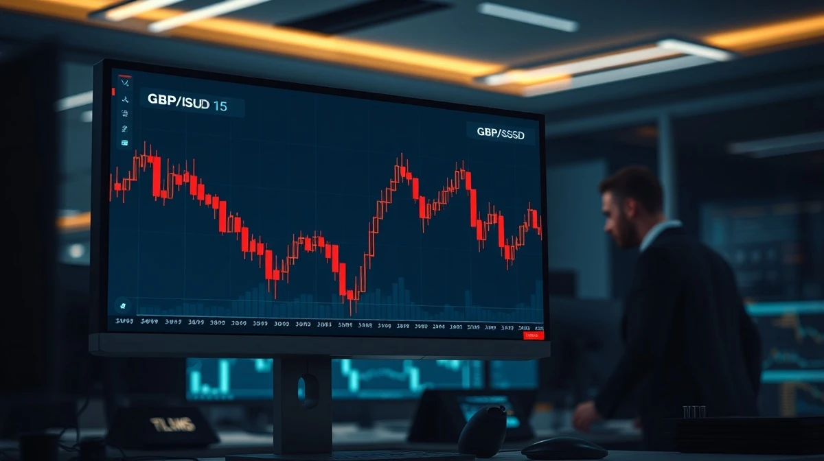 Professional trading screen showing a declining GBP/USD candlestick chart in a dimly lit trading floor environment.